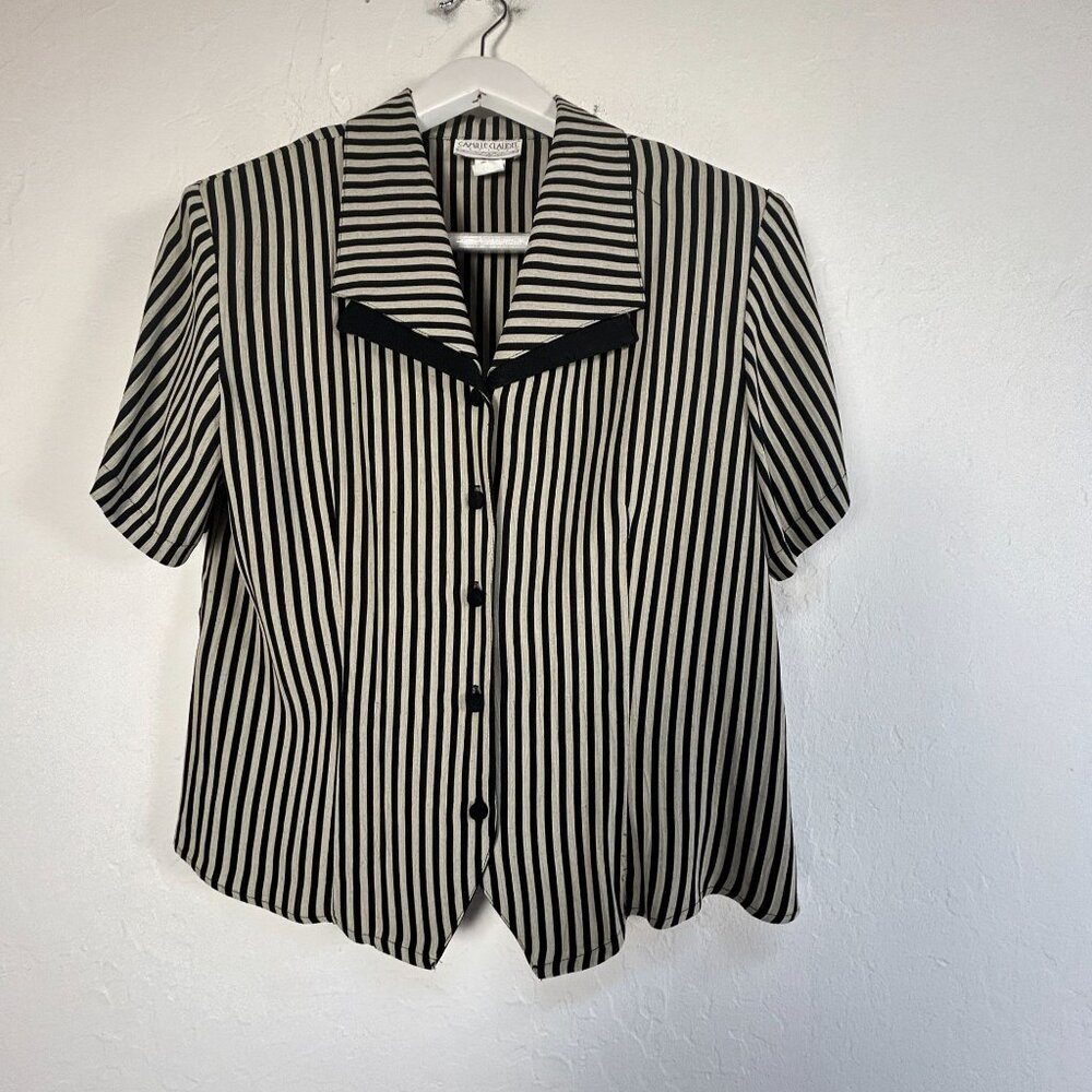 Vintage Camille Claudel Black Striped Button-Up Blouse Petite Large Short Sleeve